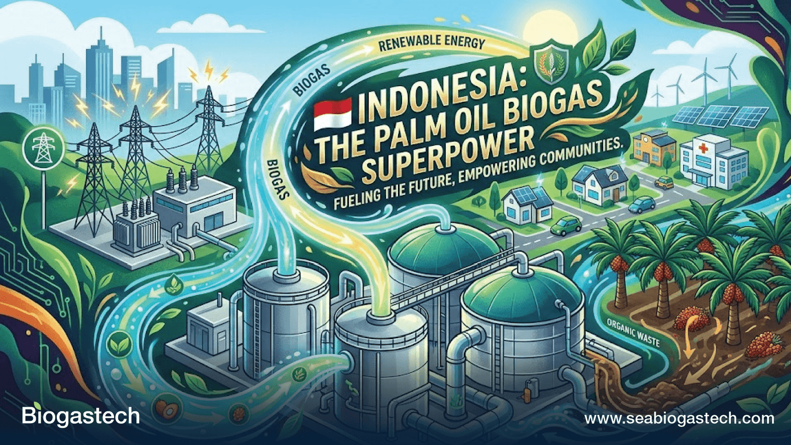 An infographic-style illustration titled "INDONESIA: THE PALM OIL BIOGAS SUPERPOWER" featuring a vibrant, sustainable energy cycle. On the right, a lush palm oil plantation flows into a system where organic waste (POME) is processed in large, modern biogas digester tanks. Glowing teal and green energy streams rise from the tanks, fueling a power substation and a futuristic city skyline on the left. The scene is interconnected by flowing ribbons of light, showcasing a clean energy loop that powers homes, hospitals, and electric vehicles, with the tagline: "Fueling the future, empowering communities."